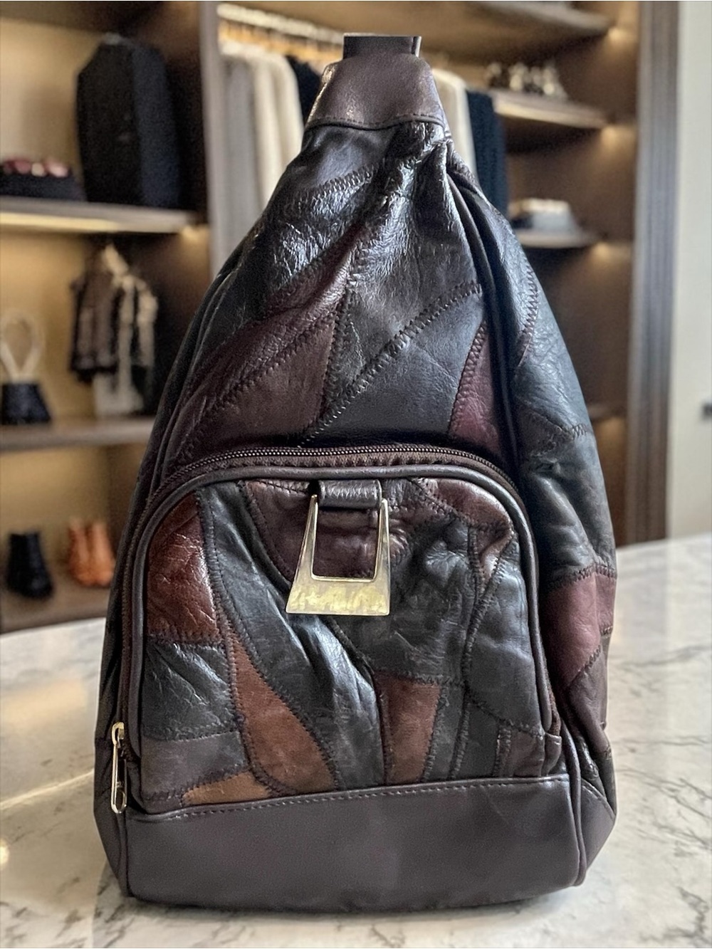 Vintage 70,s Hippie Patchwork Leather Crossbody Sling - Brown, Black - Picture 1 of 10
